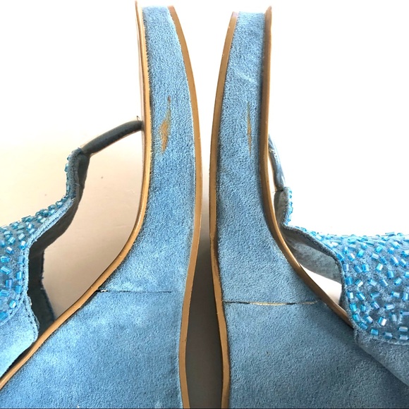Rouge Helium Blue Suede Mules Thong Wedges - Picture 6 of 8